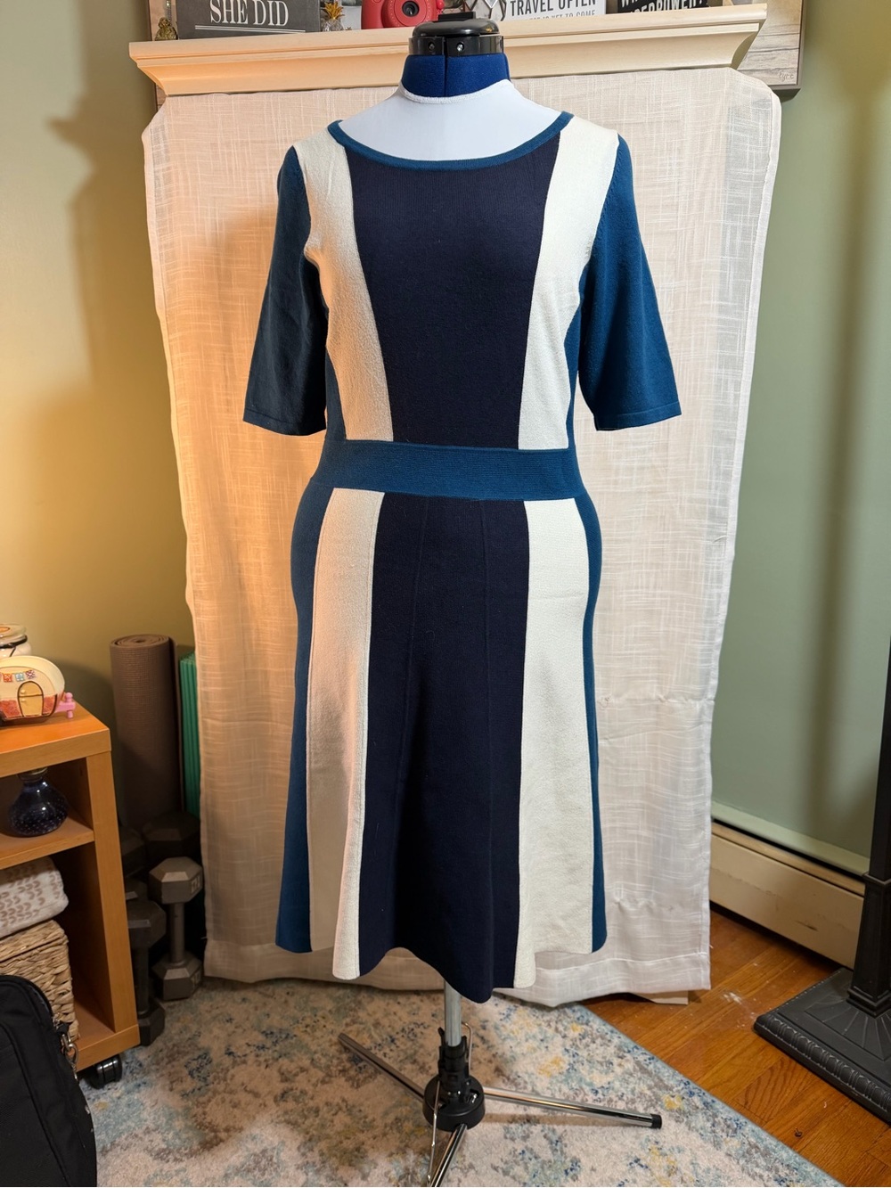 Boden Colorblock Fit & Flare Knit Dress Navy/Teal/Cream Size 10